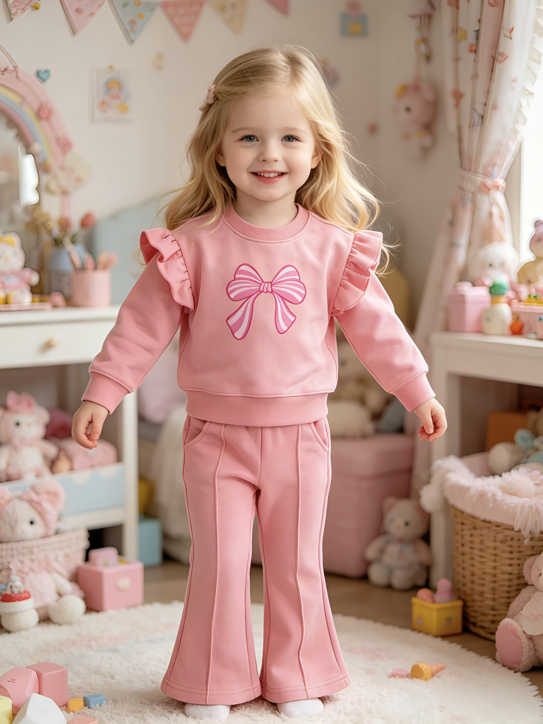2–5Y Girls Pink Bow Print Ruffle Sweatshirt & Flared Pants 2-Piece Outfit Set, MOQ 10 or 20 pieces, available WG26168
