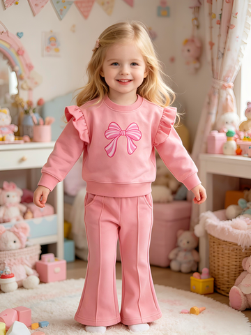 2–5Y Girls Pink Bow Print Ruffle Sweatshirt & Flared Pants 2-Piece Outfit Set, MOQ 10 or 20 pieces, available WG26168