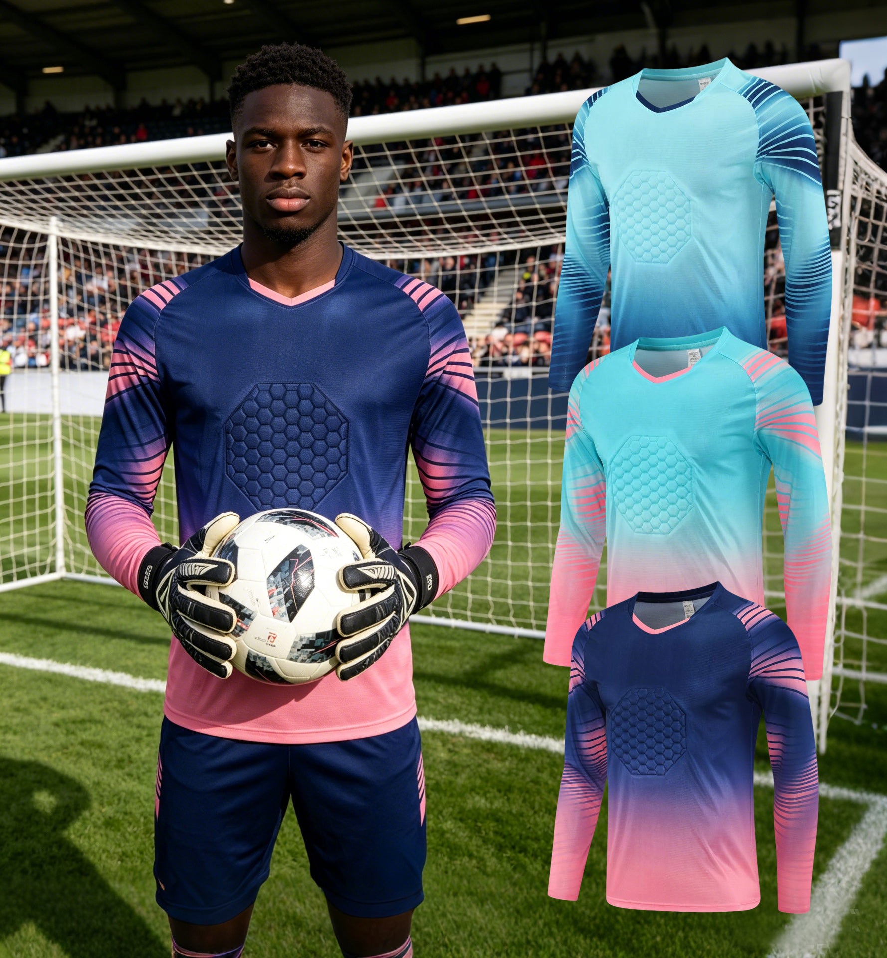 XS–6XL Professional Football Goalkeeper Jersey with Honeycomb Thickened Shockproof Chest Pad, Gradient Printed Quick-Drying Long-Sleeve Jersey, MOQ 10 or 20 pieces. Suitable for workwear & advertising uniforms, custom pattern DIY available 7002