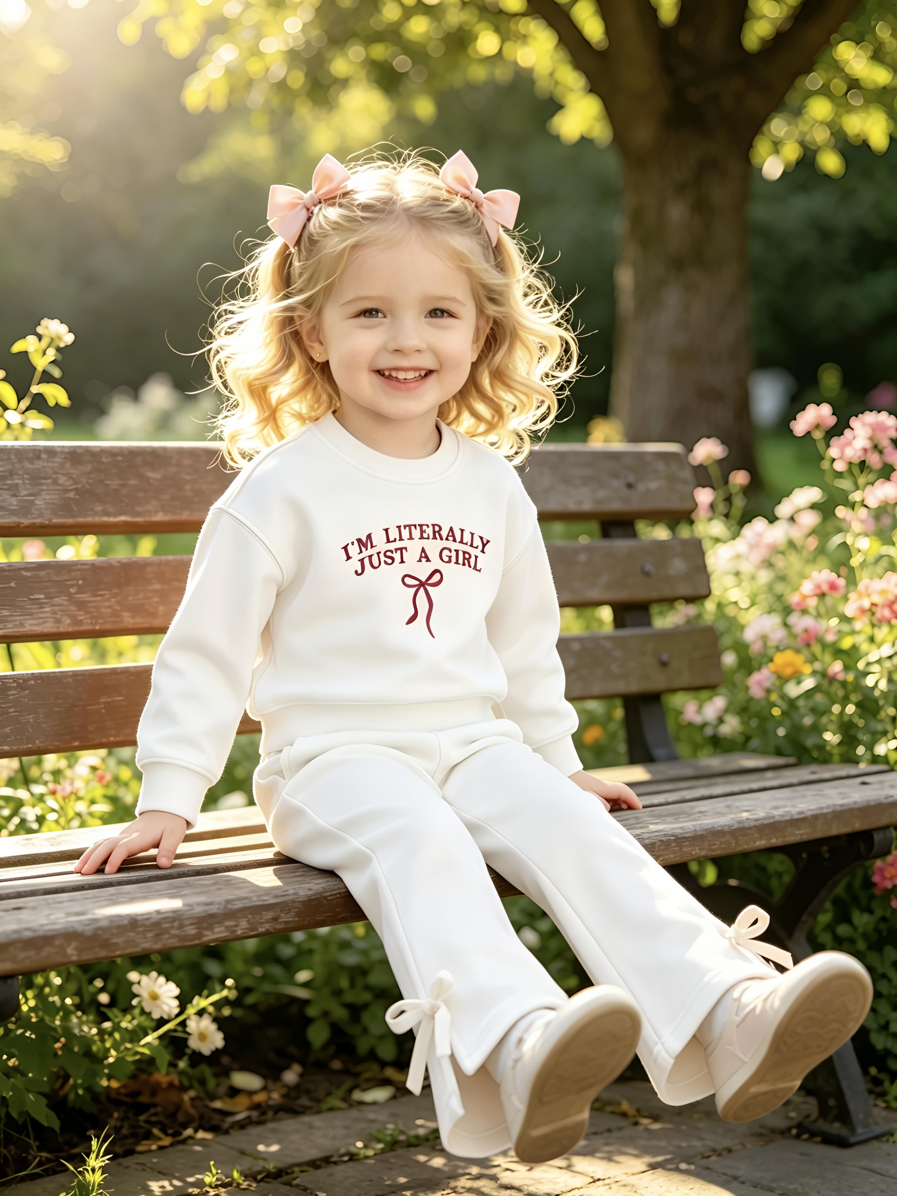 2–5Y Toddler Girl "I'm Literally Just A Girl" Sweatshirt & Bow Accent Flared Pants Set, MOQ 10 or 20 pieces, available WG26166