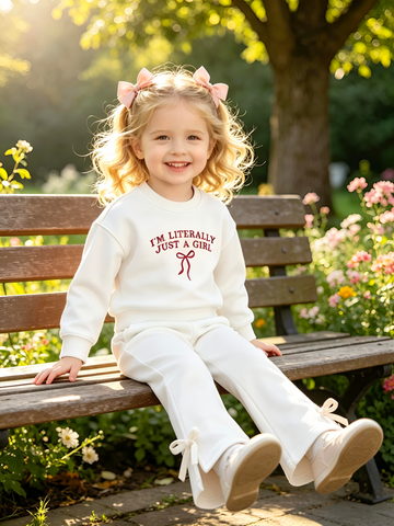 2–5Y Toddler Girl "I'm Literally Just A Girl" Sweatshirt & Bow Accent Flared Pants Set, MOQ 10 or 20 pieces, available WG26166