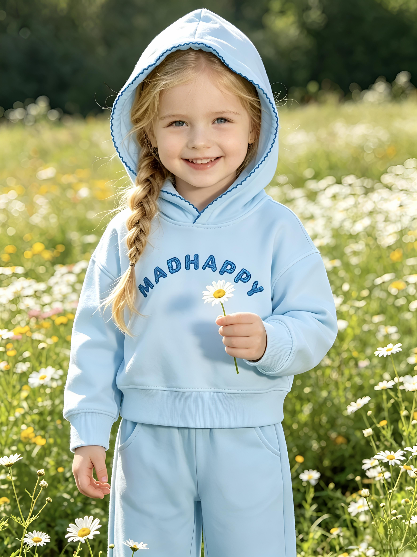 2–5Y Kids White "MADHAPPY" Embroidered Hoodie & Wide Leg Pants 2-Piece Set, MOQ 10 or 20 pieces, available WG26163