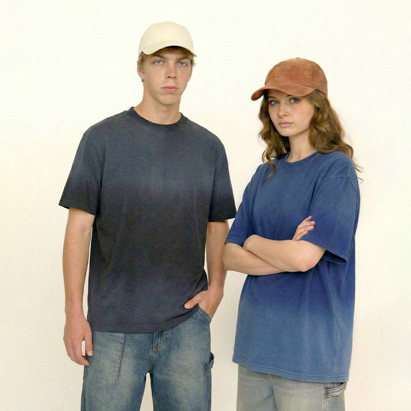 S–XXXL 240gSpray-dyed Vintage Gradient Pure Cotton Drop-shoulder Short-sleeve T-shirt,Ready stock, MOQ 10 or 20 pieces. Suitable for workwear & advertising uniforms, custom pattern DIY available  CF21241