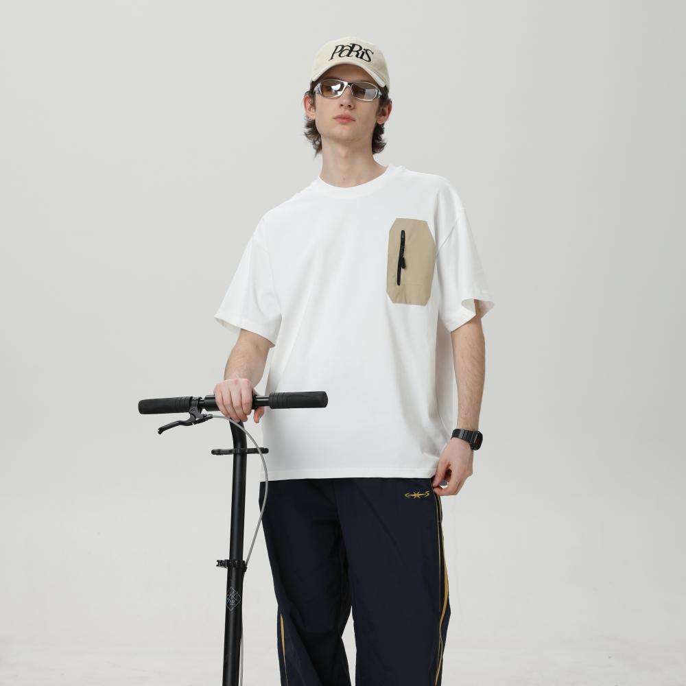 M–2XL American-Style Streetwear Alternative Oversized Drop-Shoulder Color-Blocked Pocket Zipper T-Shirt, MOQ 10 or 20 pieces. Suitable for workwear & advertising uniforms, custom pattern DIY available G30