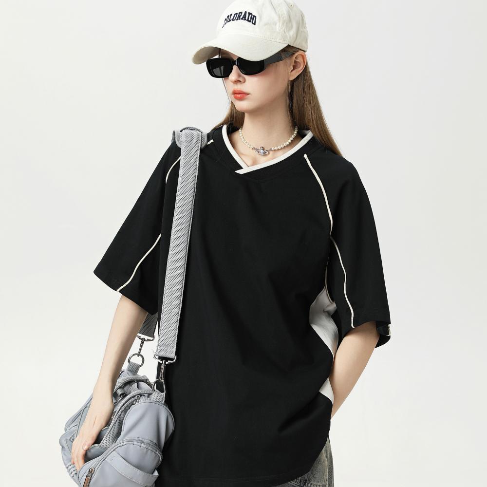S–2XL 260G Streetwear Retro American-Style Paneled V-Neck T-Shirt, MOQ 10 or 20 pieces. Suitable for workwear & advertising uniforms, custom pattern DIY available 109T