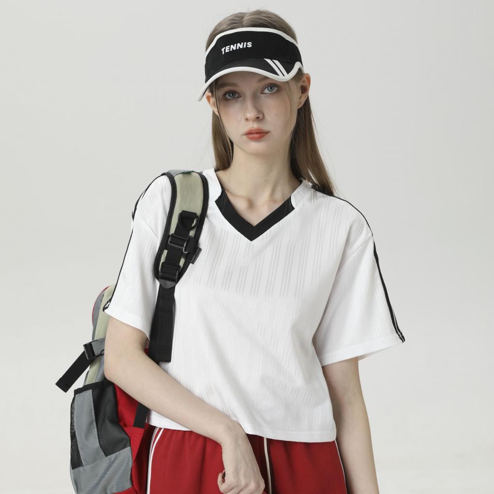 S–M 200G Retro Sporty Striped Double-Layer V-Neck Women's T-Shirt, MOQ 10 or 20 pieces. Suitable for workwear & advertising uniforms, custom pattern DIY available D04