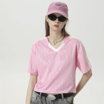S–M 200G Retro Sporty Striped Double-Layer V-Neck Women's T-Shirt, MOQ 10 or 20 pieces. Suitable for workwear & advertising uniforms, custom pattern DIY available D04