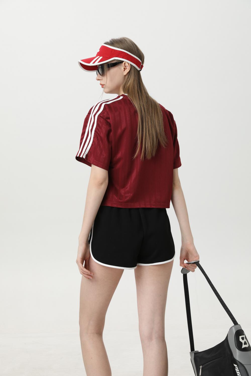 S–M 200G Retro Sporty Striped Double-Layer V-Neck Women's T-Shirt, MOQ 10 or 20 pieces. Suitable for workwear & advertising uniforms, custom pattern DIY available D04