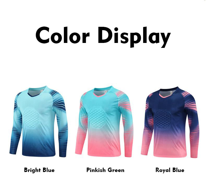 XS–6XL Professional Football Goalkeeper Jersey with Honeycomb Thickened Shockproof Chest Pad, Gradient Printed Quick-Drying Long-Sleeve Jersey, MOQ 10 or 20 pieces. Suitable for workwear & advertising uniforms, custom pattern DIY available 7002