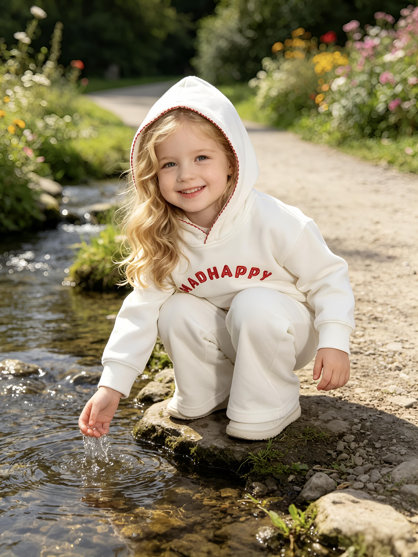 2–5Y Kids White "MADHAPPY" Embroidered Hoodie & Wide Leg Pants 2-Piece Set, MOQ 10 or 20 pieces, available WG26163