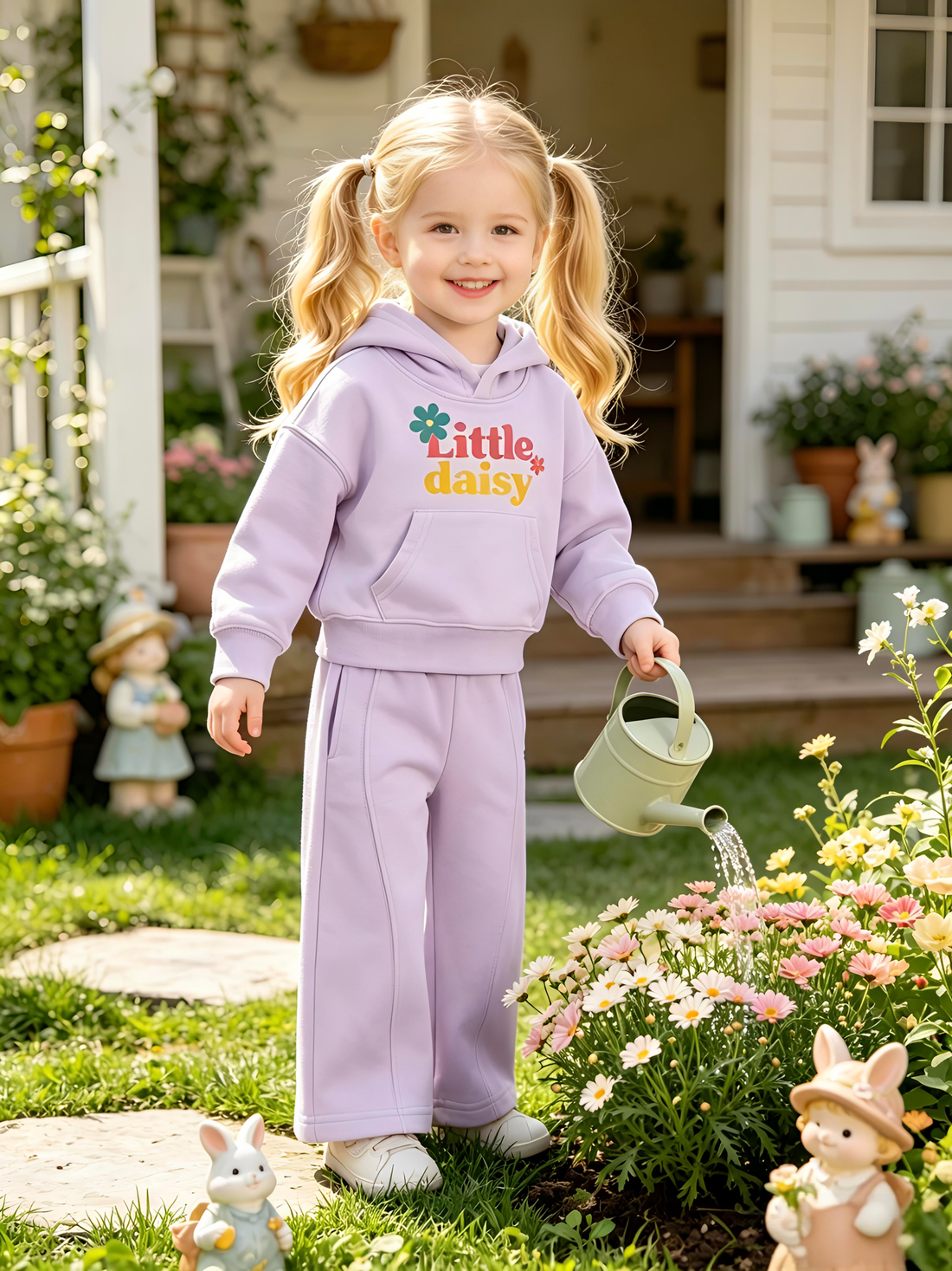 2–5 Y Toddler Girl Little Daisy Hoodie & Wide Leg Pants Set, MOQ 10 or 20 pieces, available WG26165