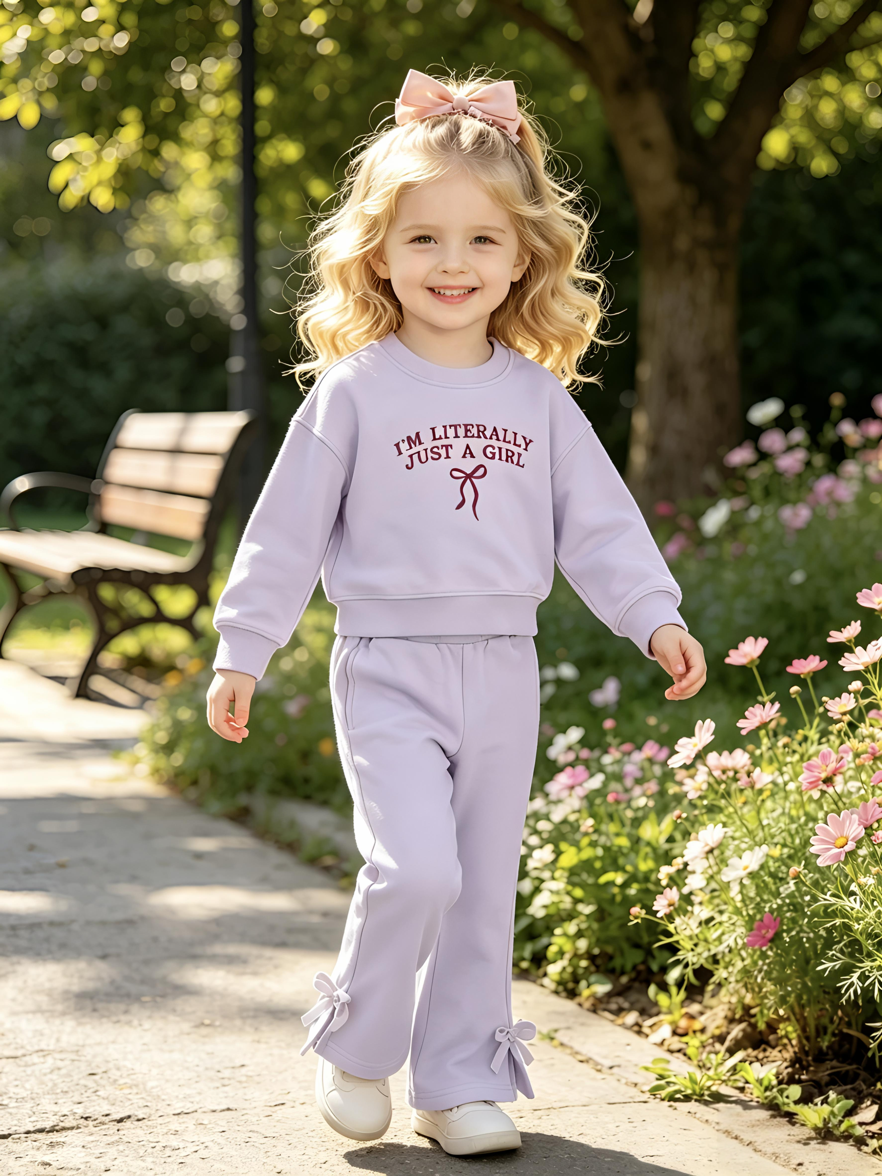 2–5Y Toddler Girl "I'm Literally Just A Girl" Sweatshirt & Bow Accent Flared Pants Set, MOQ 10 or 20 pieces, available WG26166