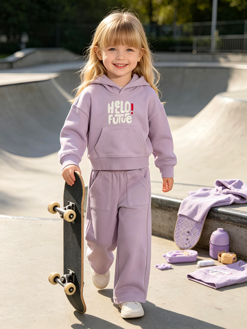 2–5Y Toddler Girl "Hello Future" Hoodie & Wide Leg Pants Set, MOQ 10 or 20 pieces, available WG26174