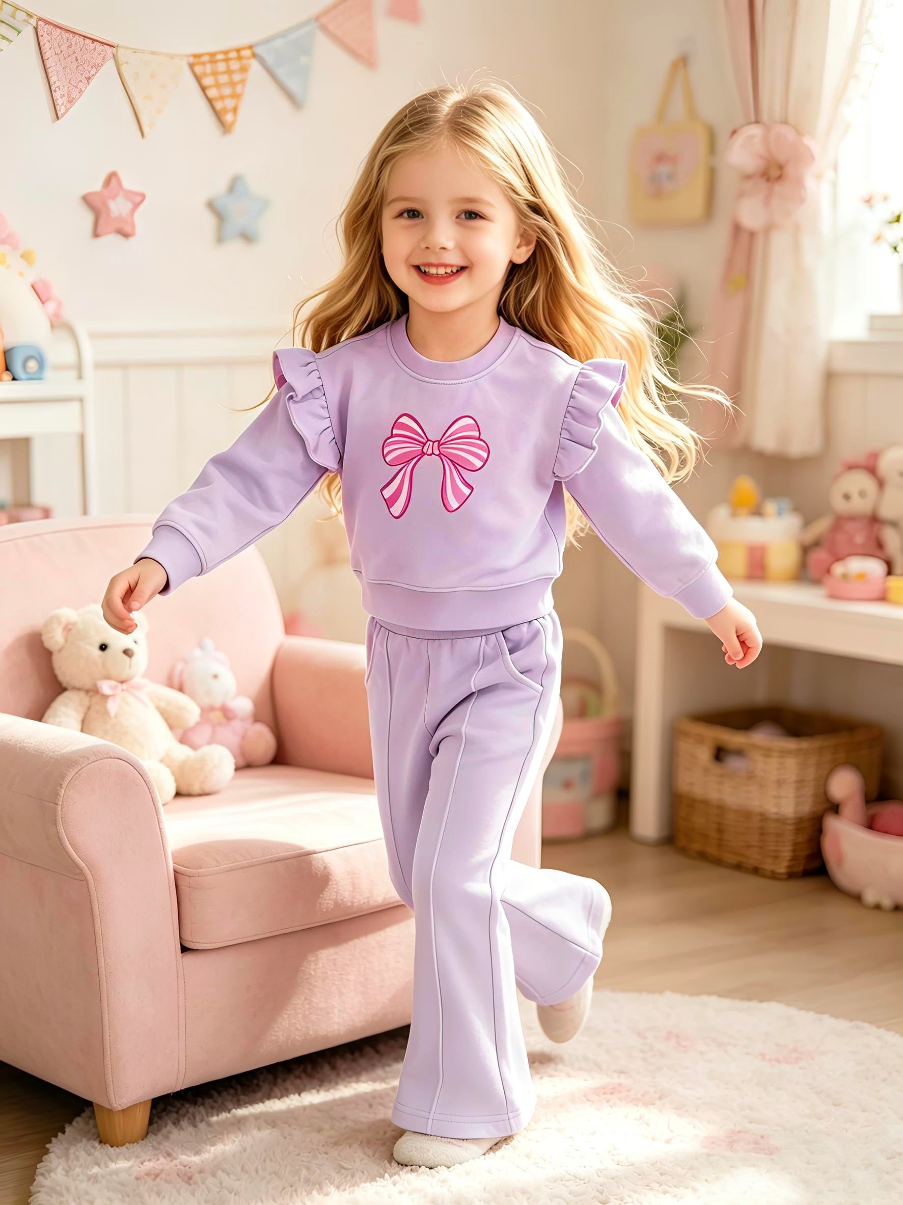 2–5Y Girls Pink Bow Print Ruffle Sweatshirt & Flared Pants 2-Piece Outfit Set, MOQ 10 or 20 pieces, available WG26168