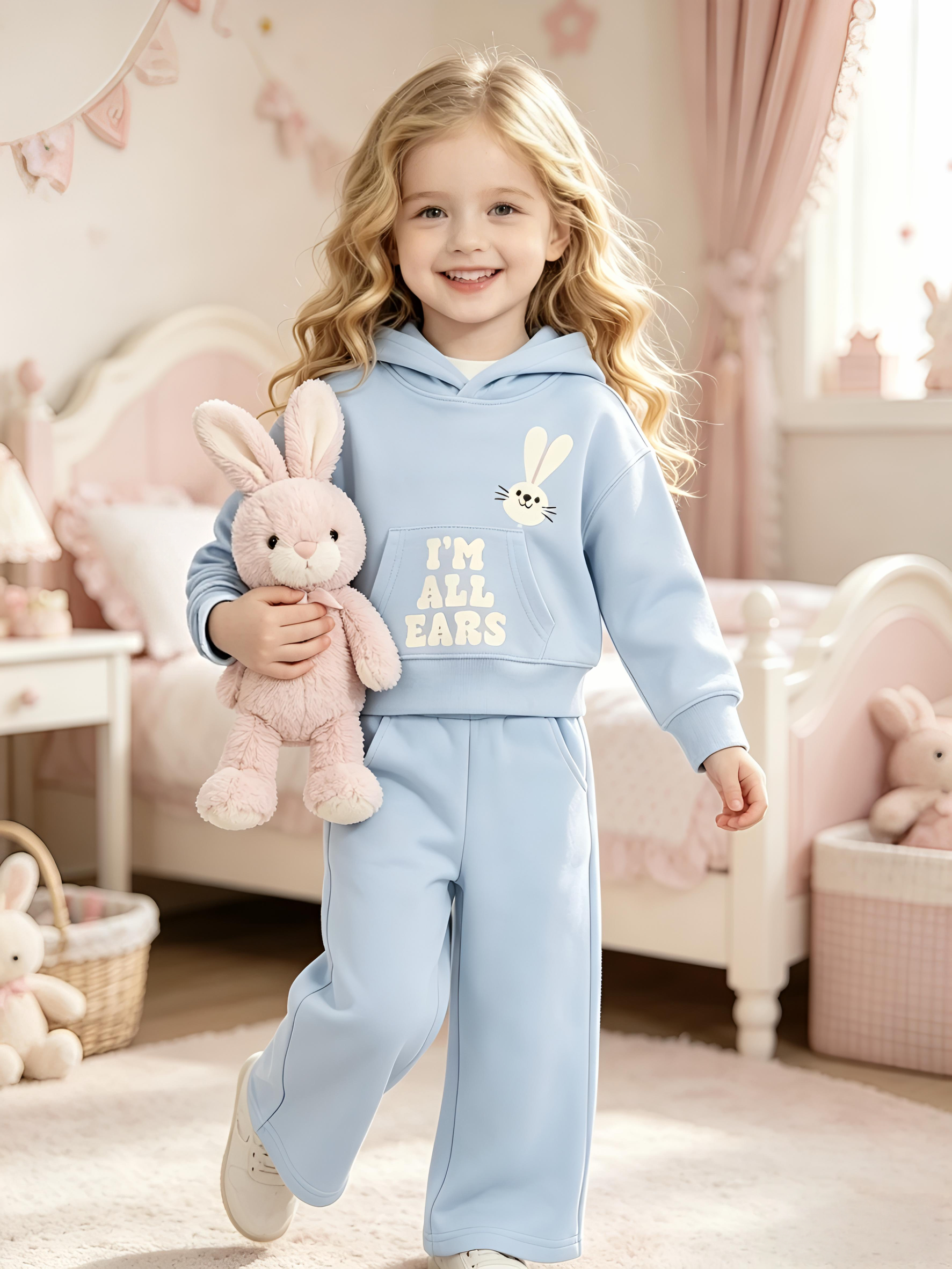 2–5Y Girls Bunny Hoodie & Wide Leg Pants Set - Soft Pink Toddler Outfit "I'M ALL EARS", MOQ 10 or 20 pieces, available WG26175