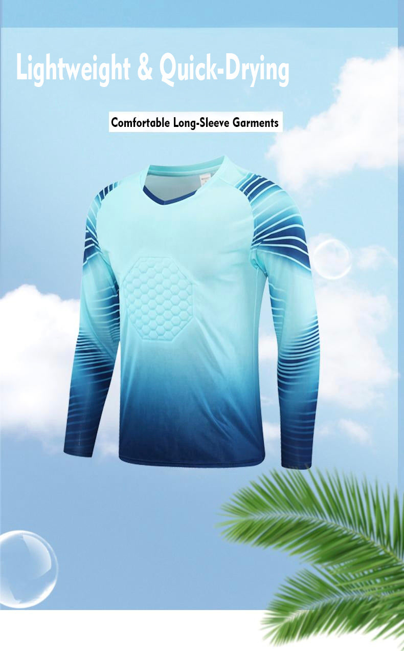 XS–6XL Professional Football Goalkeeper Jersey with Honeycomb Thickened Shockproof Chest Pad, Gradient Printed Quick-Drying Long-Sleeve Jersey, MOQ 10 or 20 pieces. Suitable for workwear & advertising uniforms, custom pattern DIY available 7002