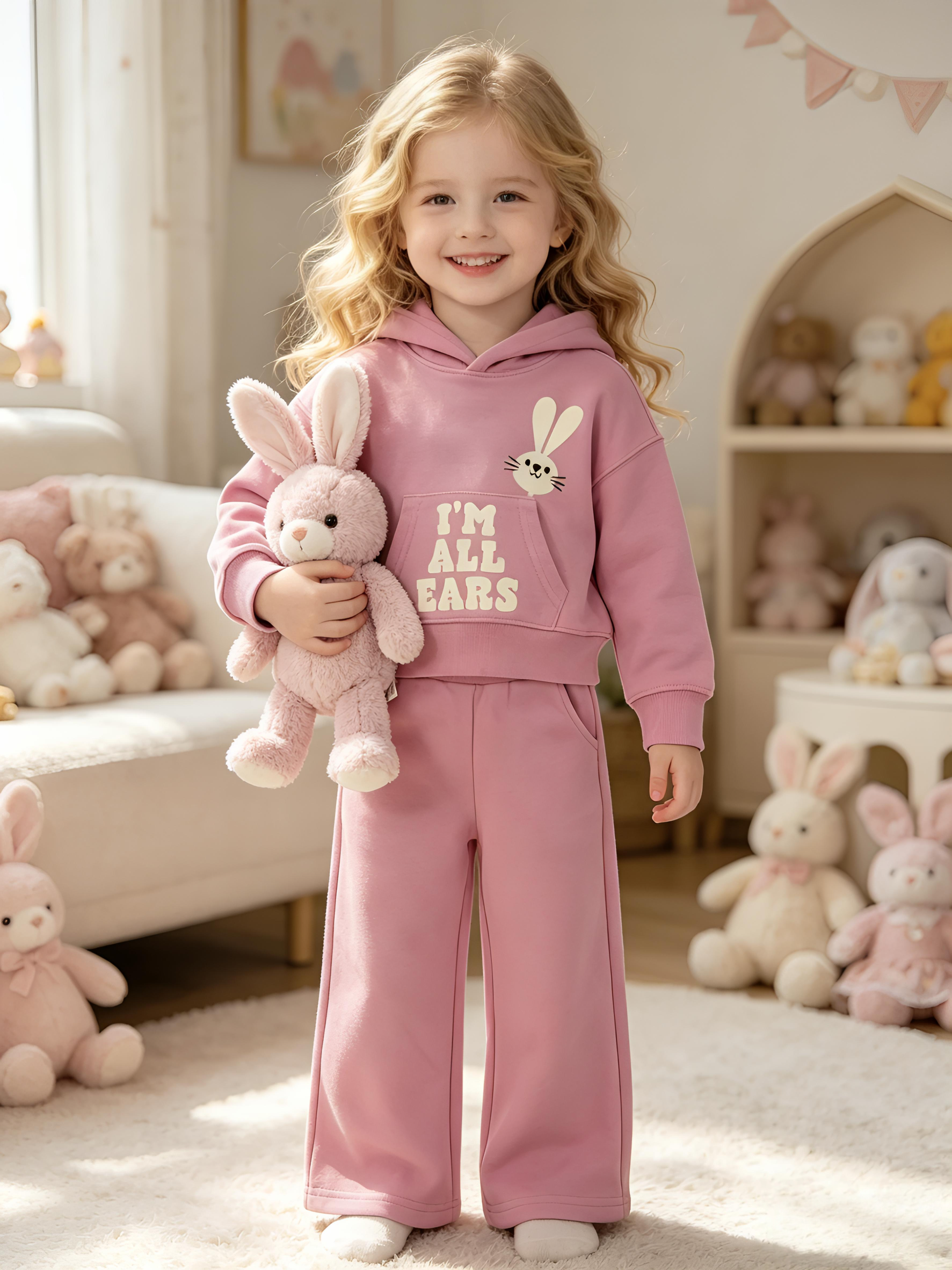 2–5Y Girls Bunny Hoodie & Wide Leg Pants Set - Soft Pink Toddler Outfit "I'M ALL EARS", MOQ 10 or 20 pieces, available WG26175