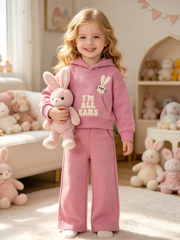 2–5Y Girls Bunny Hoodie & Wide Leg Pants Set - Soft Pink Toddler Outfit "I'M ALL EARS", MOQ 10 or 20 pieces, available WG26175
