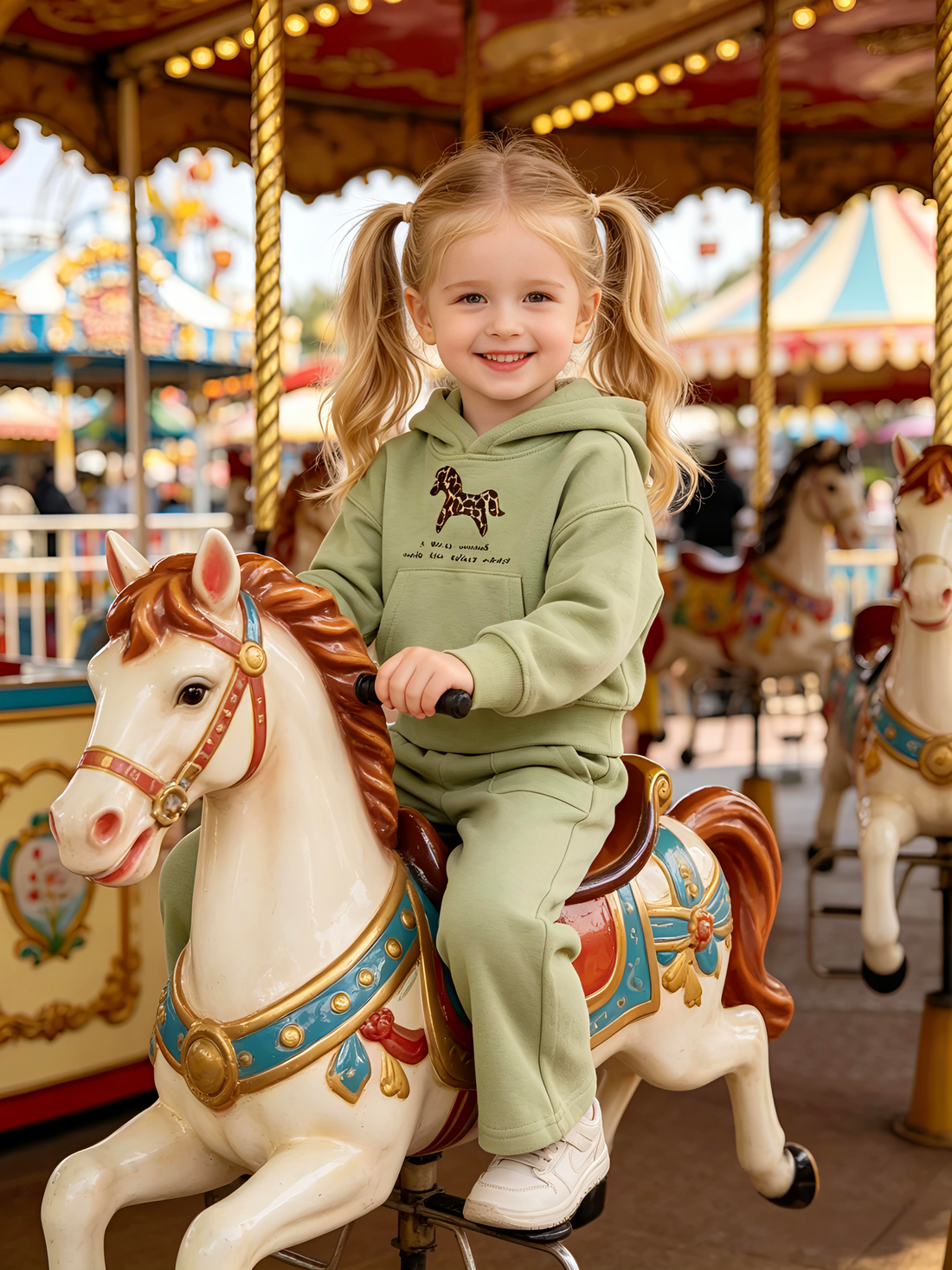 2–5Y Kids Sage Green Leopard Horse Print Hoodie & Wide Leg Pants 2-Piece Casual Set, MOQ 10 or 20 pieces, available WG26171