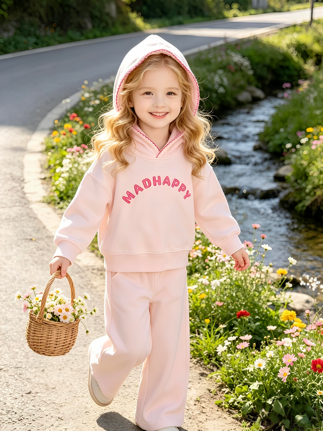 2–5Y Kids White "MADHAPPY" Embroidered Hoodie & Wide Leg Pants 2-Piece Set, MOQ 10 or 20 pieces, available WG26163