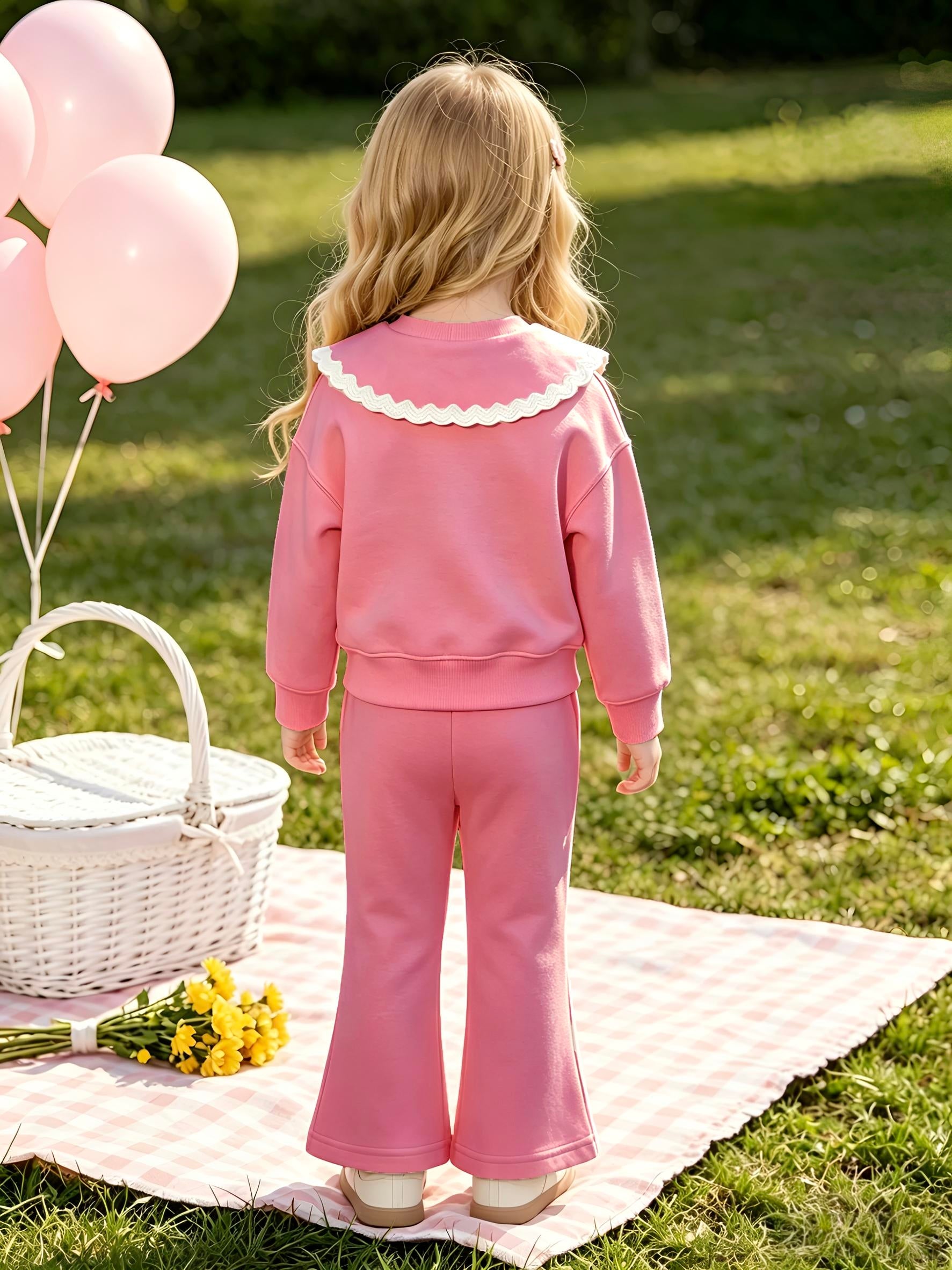 2–5Y Toddler Girl  Outfit  Lace Peter Pan Collar Sweatshirt & Flare Pants 2-Piece Casual Spring Tracksuit, MOQ 10 or 20 pieces, available WG26162