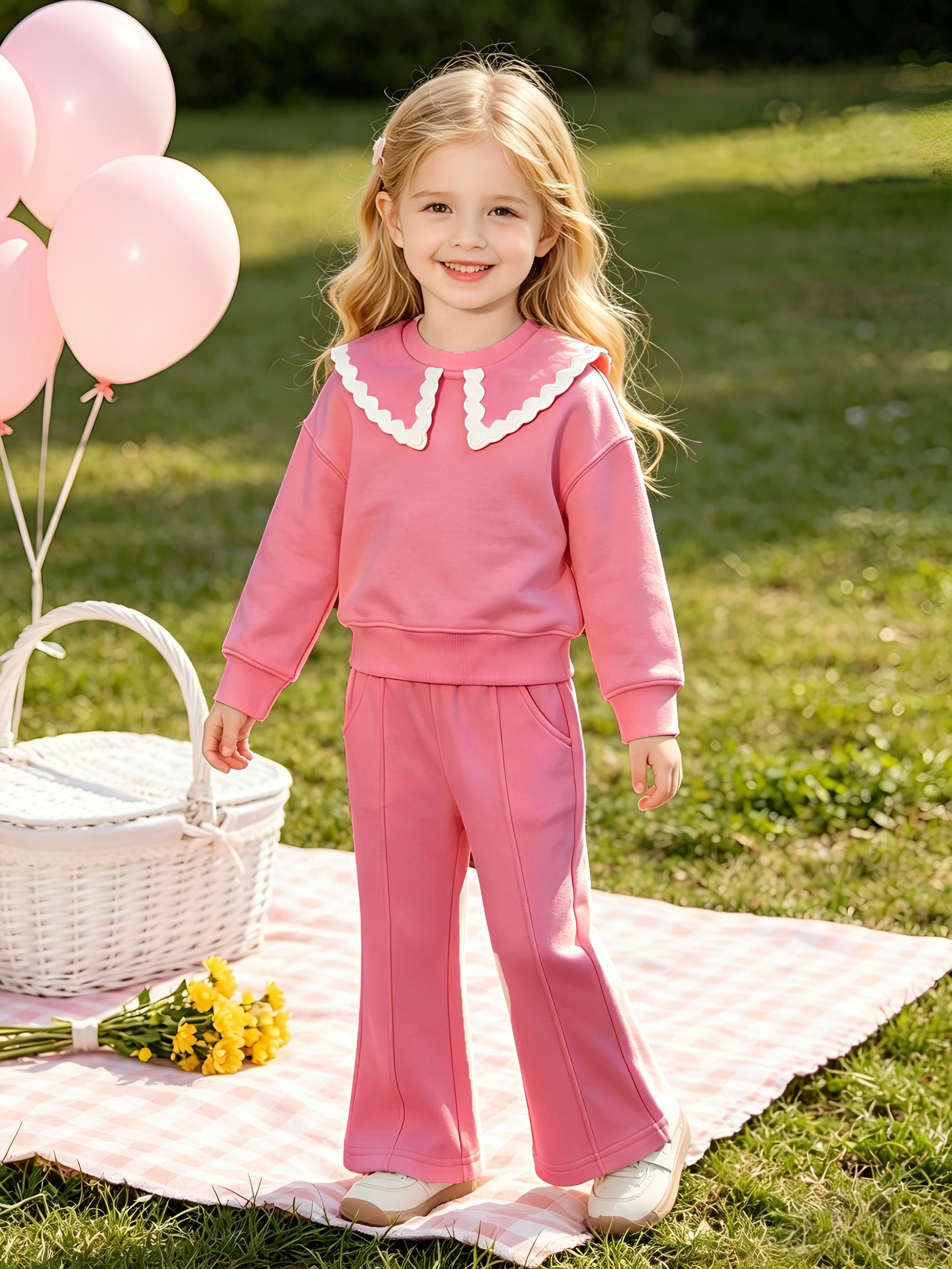 2–5Y Toddler Girl  Outfit  Lace Peter Pan Collar Sweatshirt & Flare Pants 2-Piece Casual Spring Tracksuit, MOQ 10 or 20 pieces, available WG26162