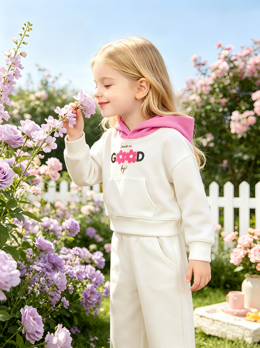 2–5Y Toddler Girls 'Have a Good Day' Floral Hoodie & Wide Leg Pants Set, Kids Casual 2-Piece Tracksuit Outfit, MOQ 10 or 20 pieces, available WG26170