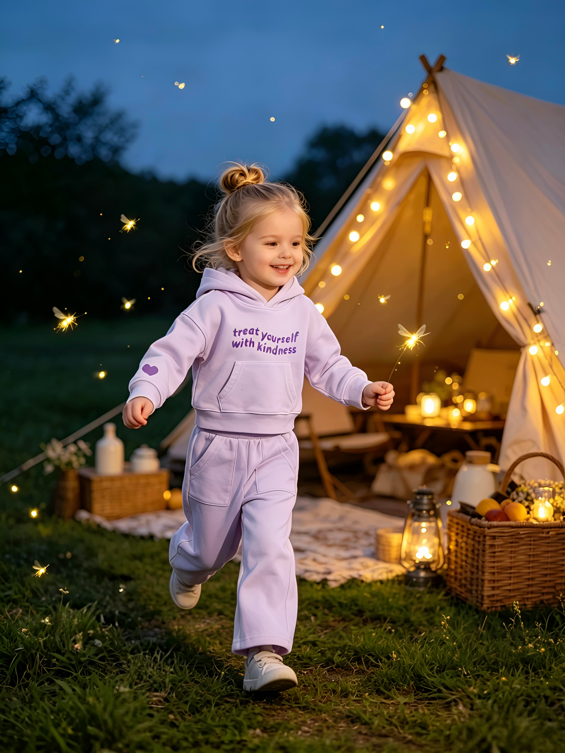 2–5 Y Toddler Girl "Treat Yourself With Kindness" Hoodie & Wide Leg Pants Set, MOQ 10 or 20 pieces, available WG26164