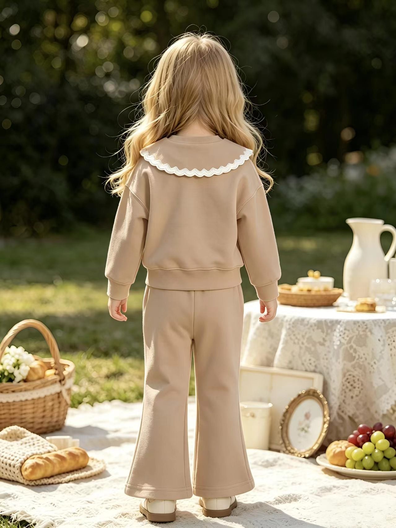 2–5Y Toddler Girl  Outfit  Lace Peter Pan Collar Sweatshirt & Flare Pants 2-Piece Casual Spring Tracksuit, MOQ 10 or 20 pieces, available WG26162