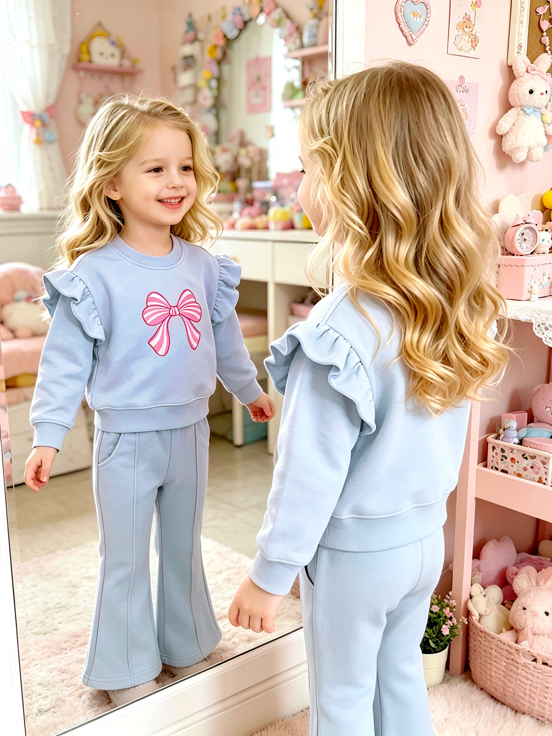 2–5Y Girls Pink Bow Print Ruffle Sweatshirt & Flared Pants 2-Piece Outfit Set, MOQ 10 or 20 pieces, available WG26168