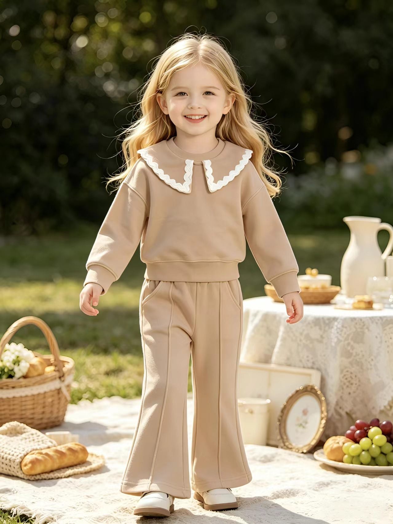 2–5Y Toddler Girl  Outfit  Lace Peter Pan Collar Sweatshirt & Flare Pants 2-Piece Casual Spring Tracksuit, MOQ 10 or 20 pieces, available WG26162