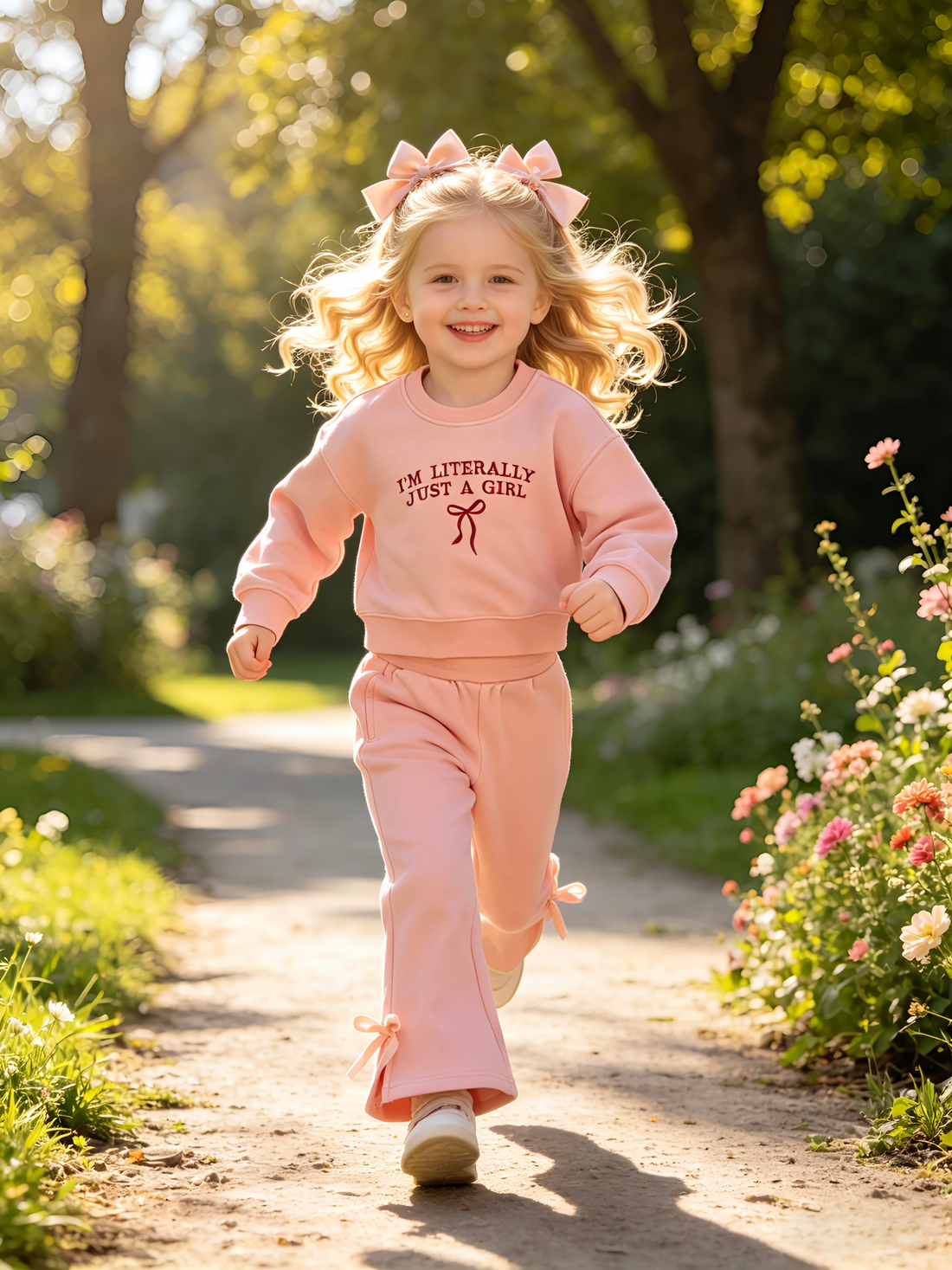 2–5Y Toddler Girl "I'm Literally Just A Girl" Sweatshirt & Bow Accent Flared Pants Set, MOQ 10 or 20 pieces, available WG26166