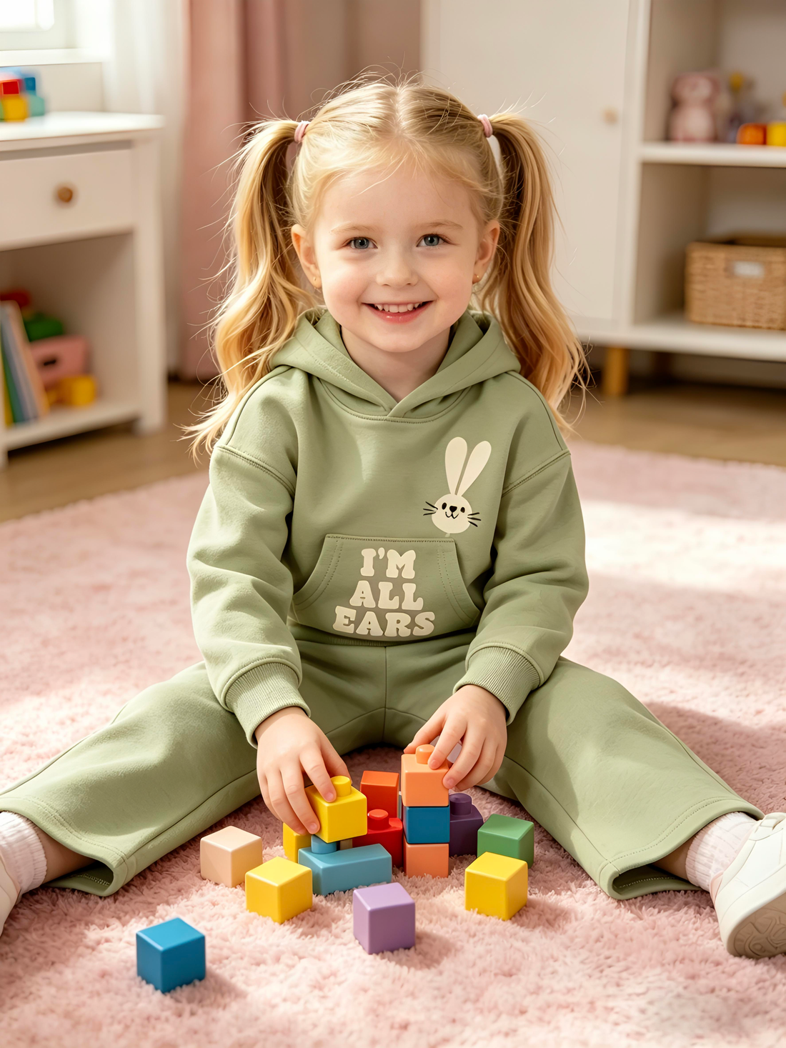 2–5Y Girls Bunny Hoodie & Wide Leg Pants Set - Soft Pink Toddler Outfit "I'M ALL EARS", MOQ 10 or 20 pieces, available WG26175