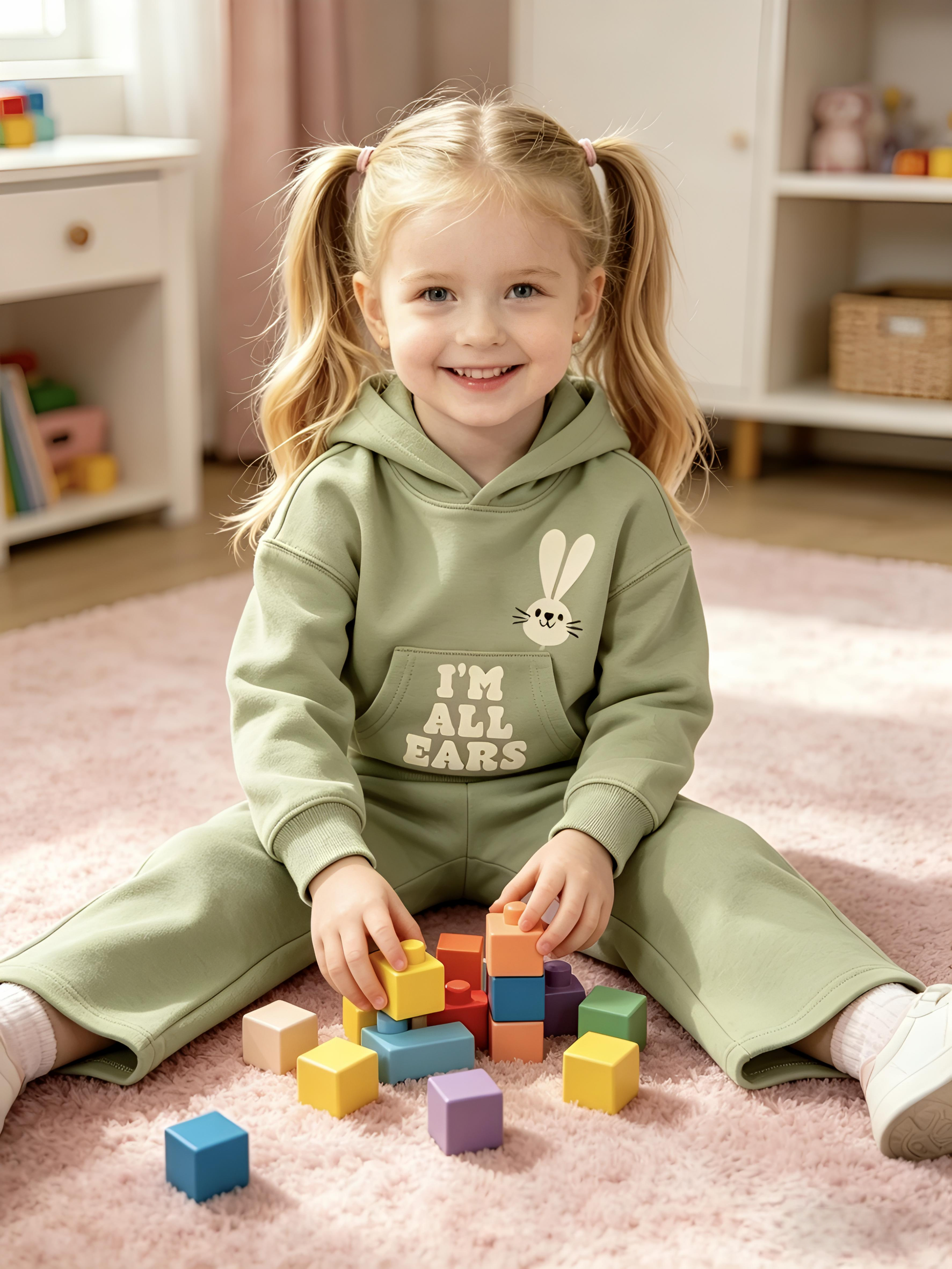 2–5Y Girls Bunny Hoodie & Wide Leg Pants Set - Soft Pink Toddler Outfit "I'M ALL EARS", MOQ 10 or 20 pieces, available WG26175