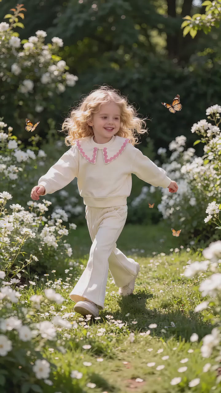 2–5Y Toddler Girl  Outfit  Lace Peter Pan Collar Sweatshirt & Flare Pants 2-Piece Casual Spring Tracksuit, MOQ 10 or 20 pieces, available WG26162