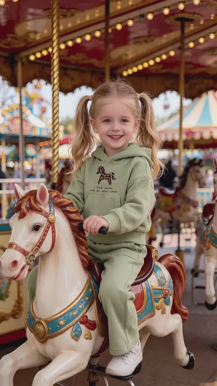 2–5Y Kids Sage Green Leopard Horse Print Hoodie & Wide Leg Pants 2-Piece Casual Set, MOQ 10 or 20 pieces, available WG26171