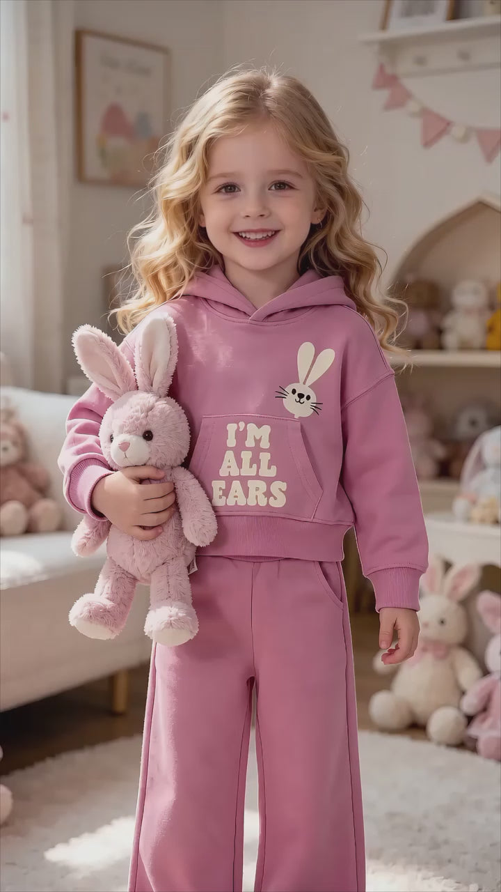 2–5Y Girls Bunny Hoodie & Wide Leg Pants Set - Soft Pink Toddler Outfit "I'M ALL EARS", MOQ 10 or 20 pieces, available WG26175