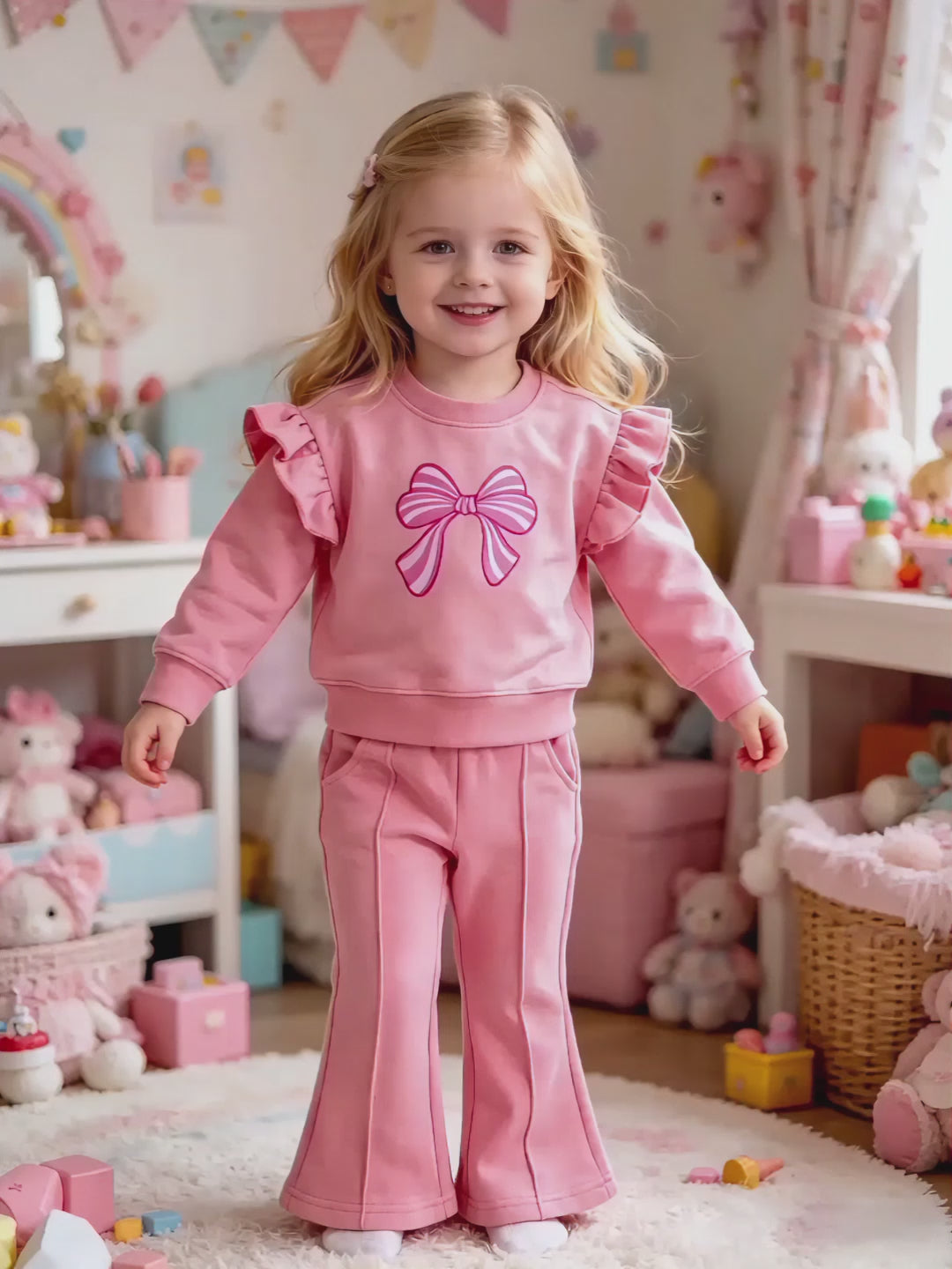 2–5Y Girls Pink Bow Print Ruffle Sweatshirt & Flared Pants 2-Piece Outfit Set, MOQ 10 or 20 pieces, available WG26168