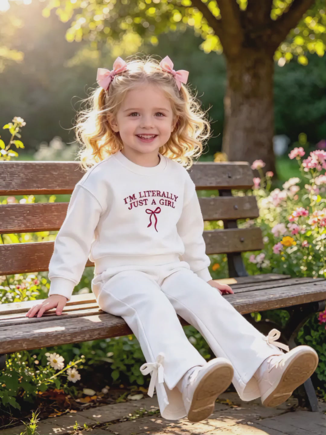 2–5Y Toddler Girl "I'm Literally Just A Girl" Sweatshirt & Bow Accent Flared Pants Set, MOQ 10 or 20 pieces, available WG26166